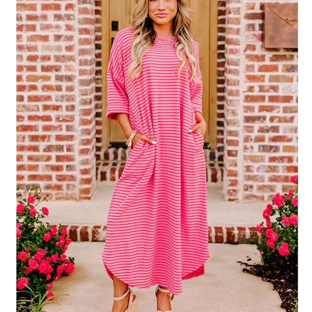 Pink Striped Maxi Dress with Pockets - Casual Women’s Dress